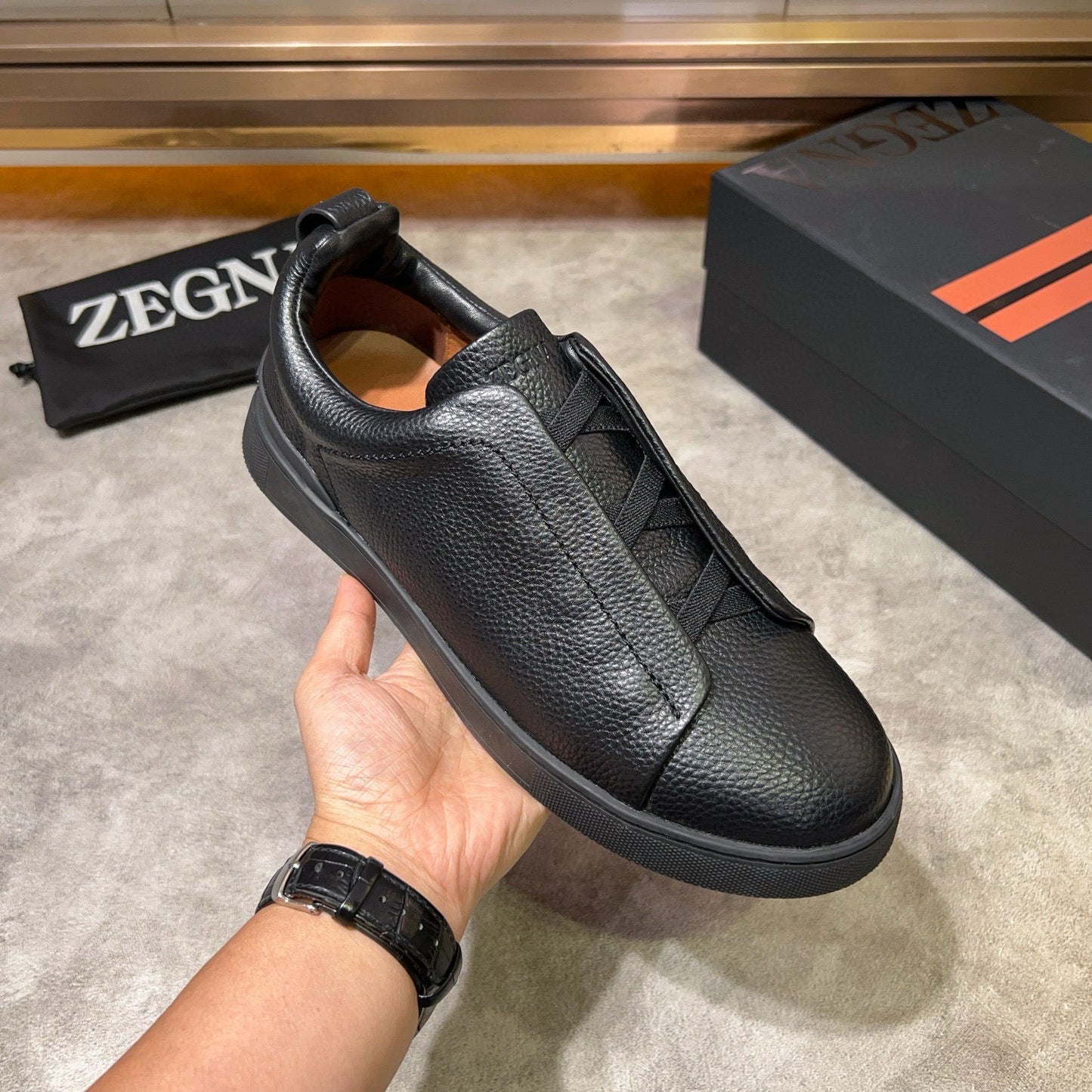 Tênis Zegna Triple Stitch Leather Sneakers All Black