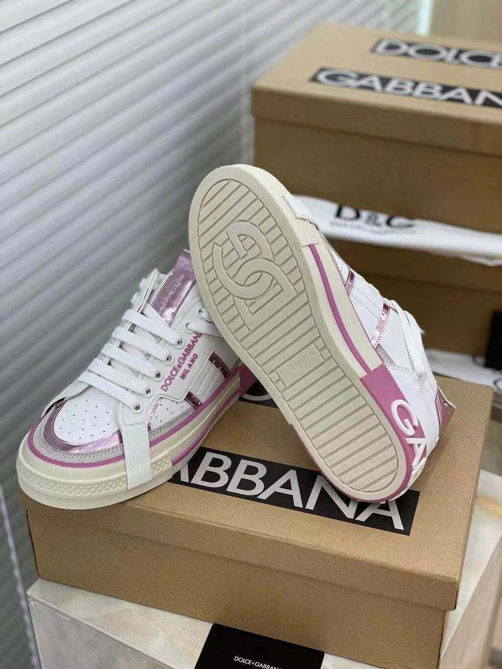 Dolce & Gabbana White & Pink Custom 2Zero Sneakers