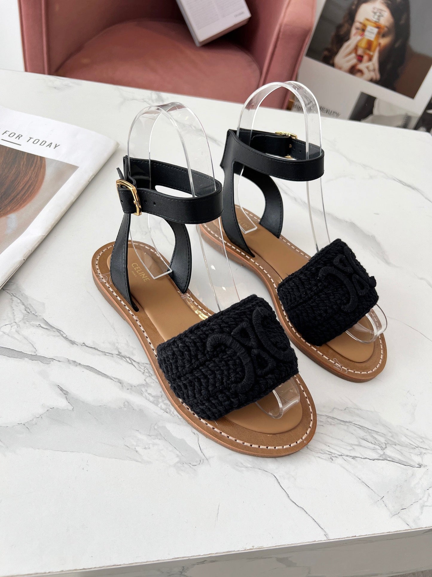 CELINE LYMPIA SANDAL in TRIOMPHE MACCRAMÉ COTTON & CALFSKIN