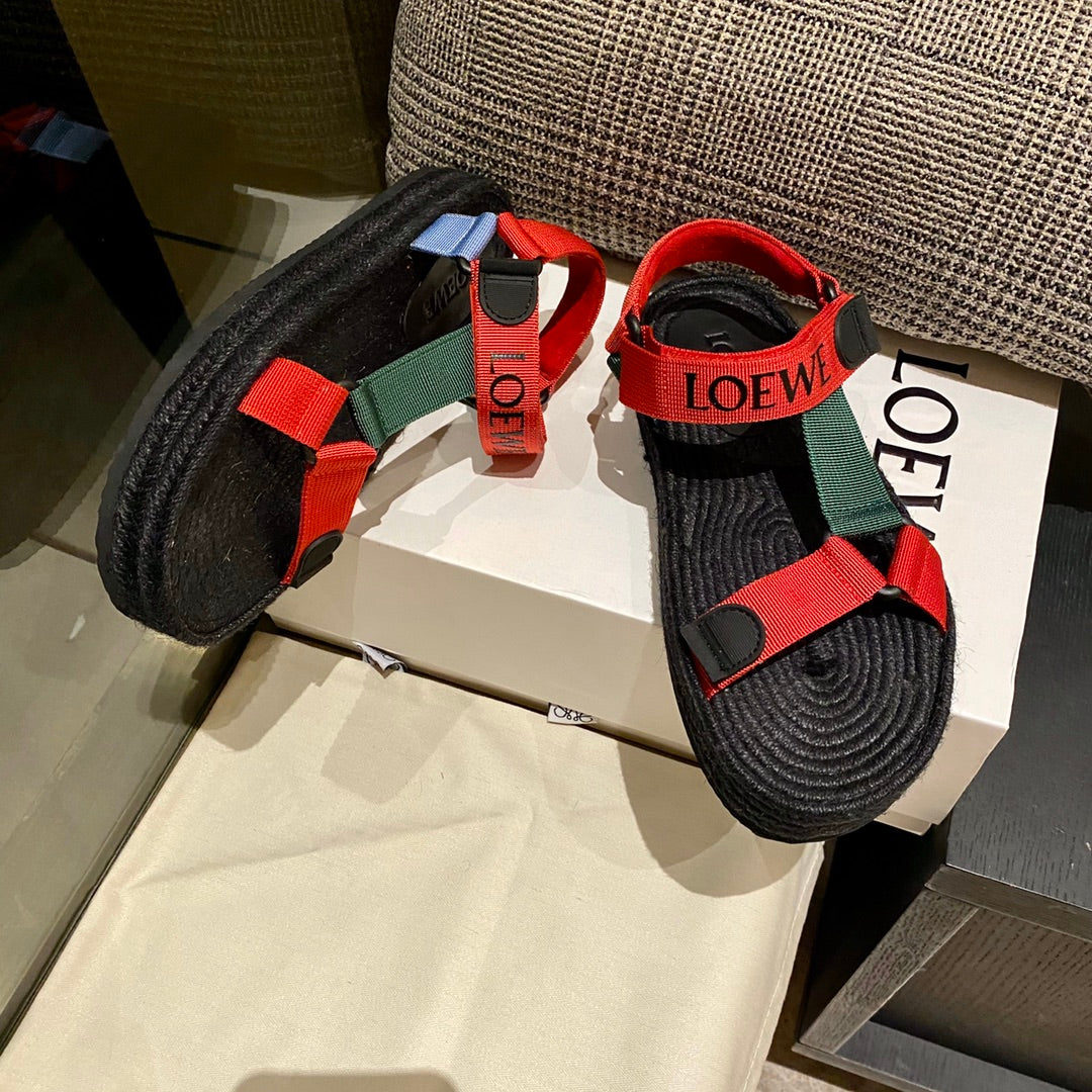 LOEWE Strappy Espadrille Sandals Unisex Nylon In Red/Green