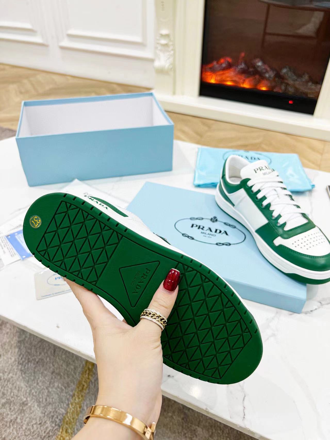 Prada Downtown Low Top Sneakers Leather White Green