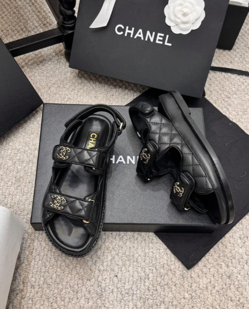 CHANEL Grained Calfskin Velcro Dad Sandals