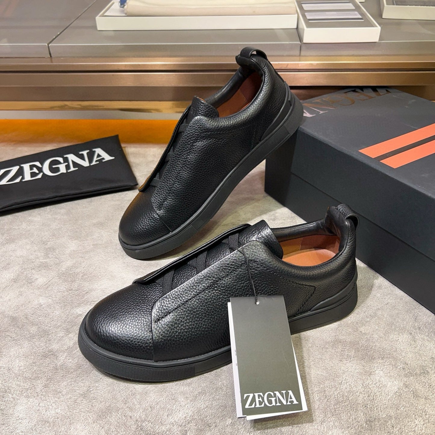 Tênis Zegna Triple Stitch Leather Sneakers All Black