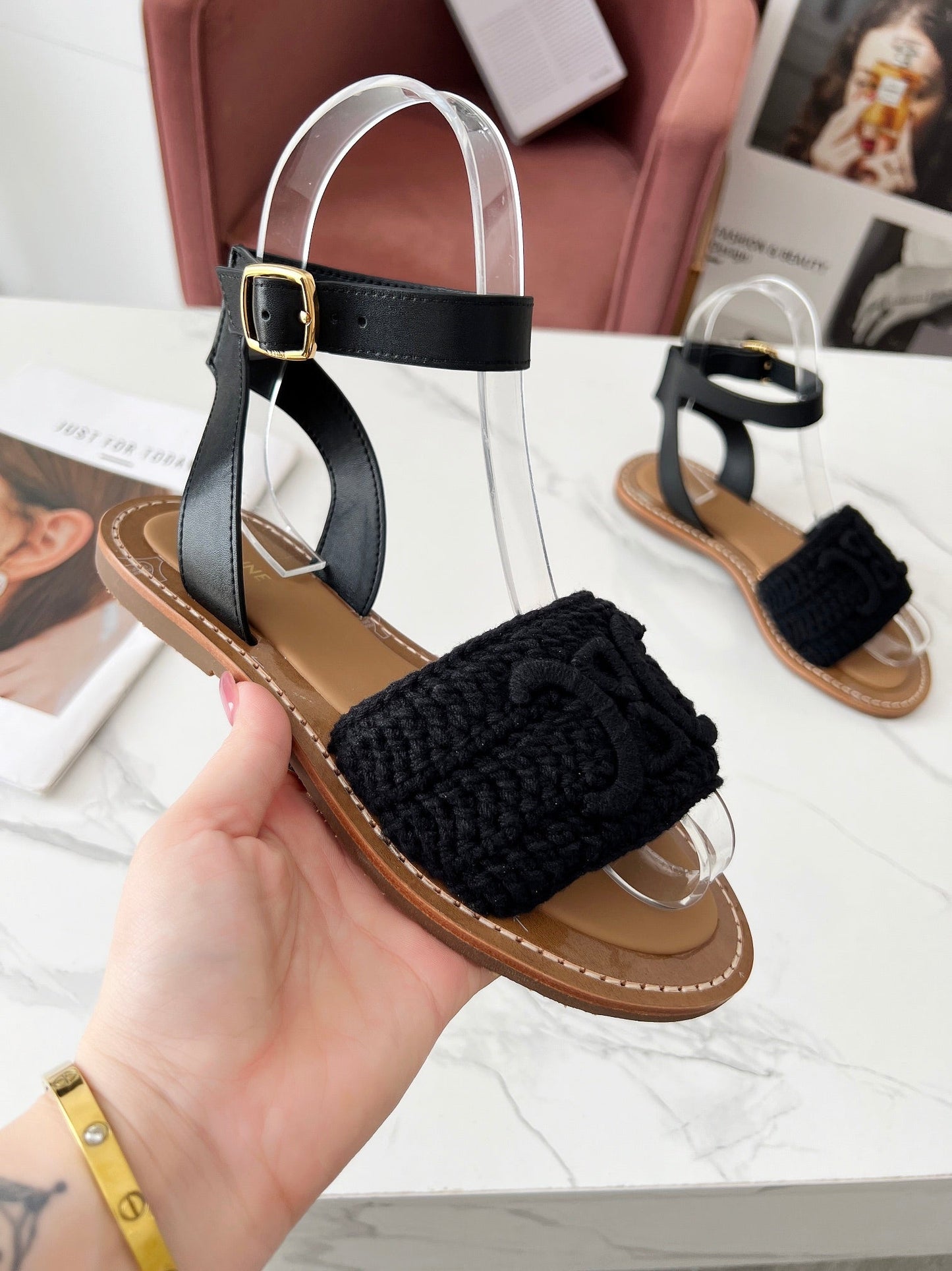 CELINE LYMPIA SANDAL in TRIOMPHE MACCRAMÉ COTTON & CALFSKIN