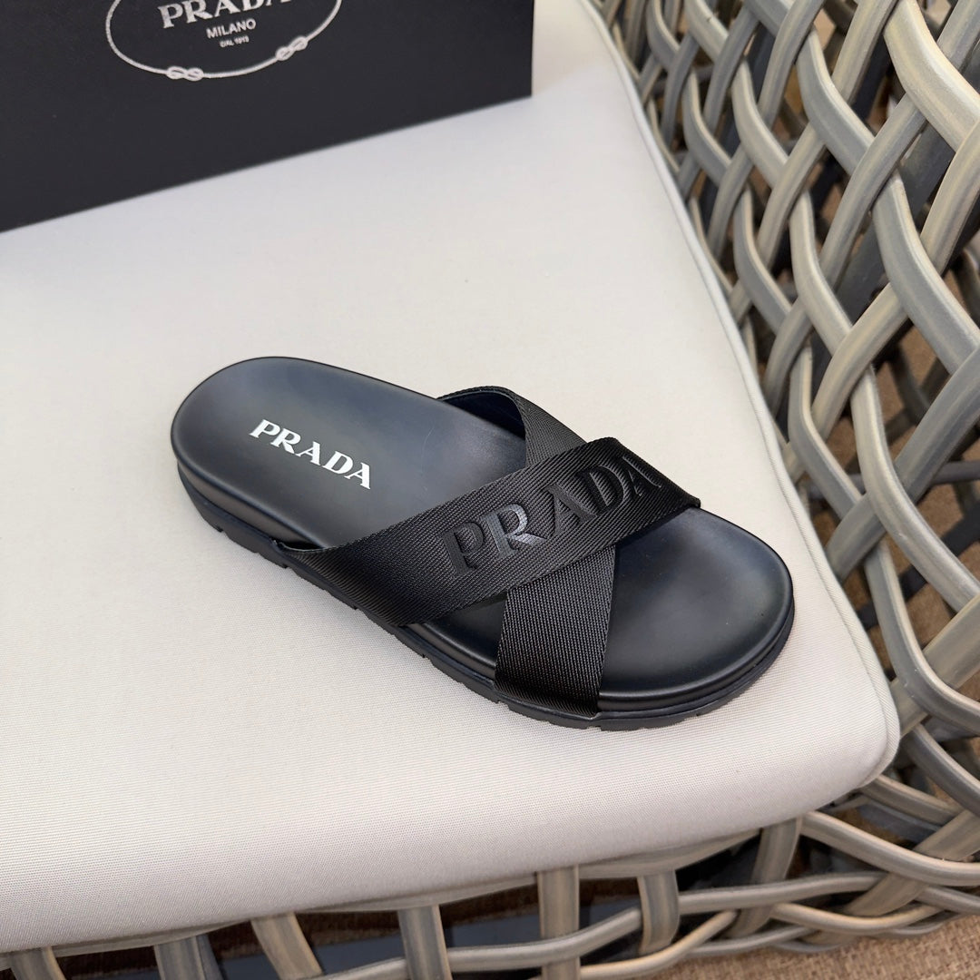 Prada Nylon Tape Crisscross Slides Black Leather