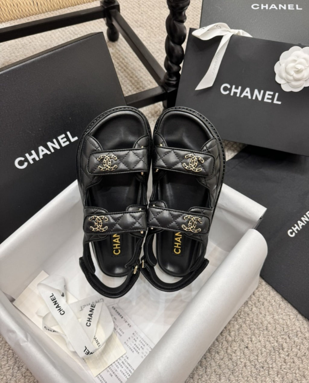 CHANEL Grained Calfskin Velcro Dad Sandals