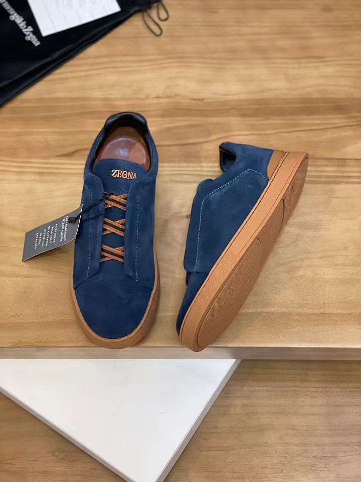 ZEGNA Blue Suede Triple Stitch Sneakers