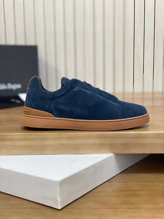 ZEGNA Blue Suede Triple Stitch Sneakers