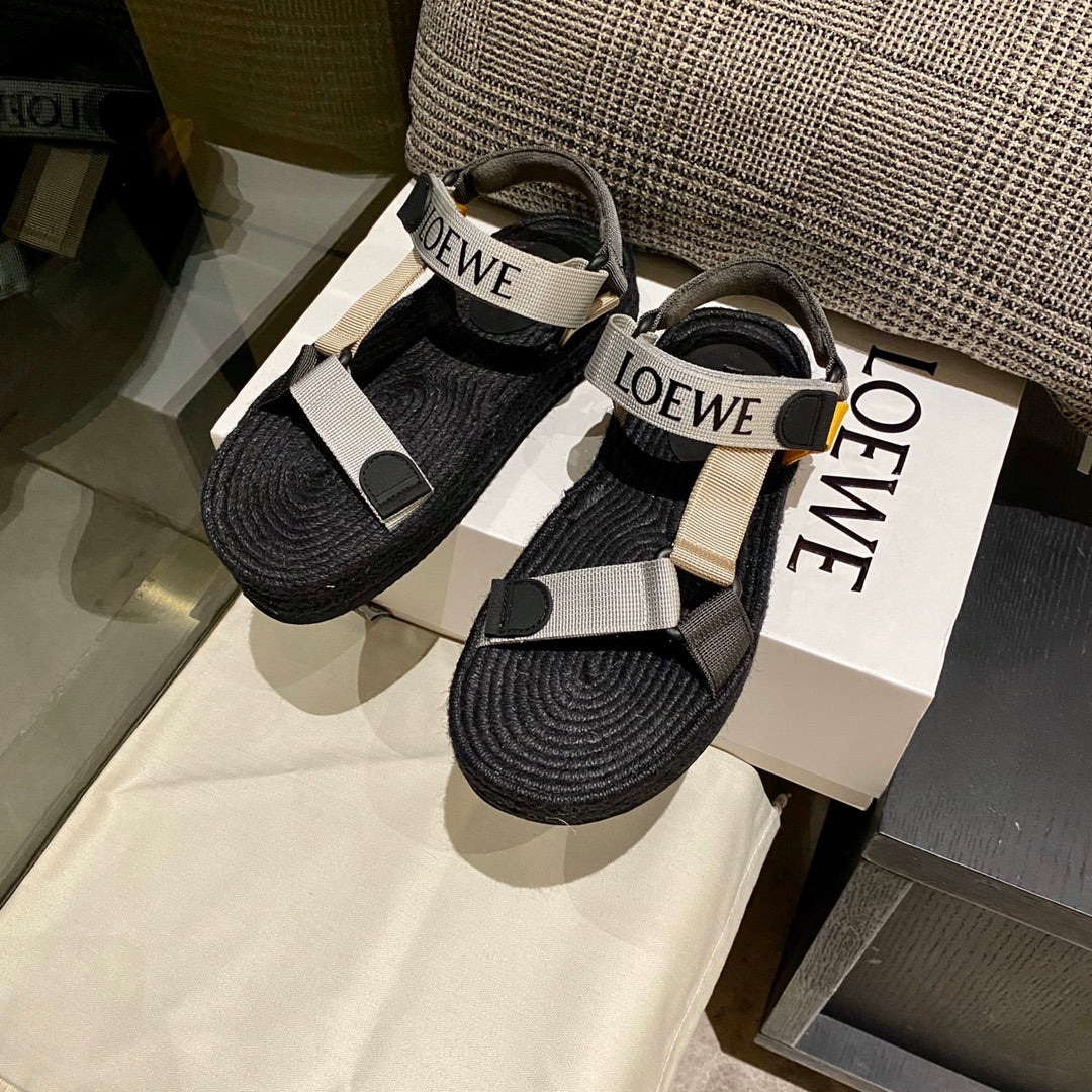 LOEWE Strappy Espadrille Sandals Unisex Nylon In Black/Beige