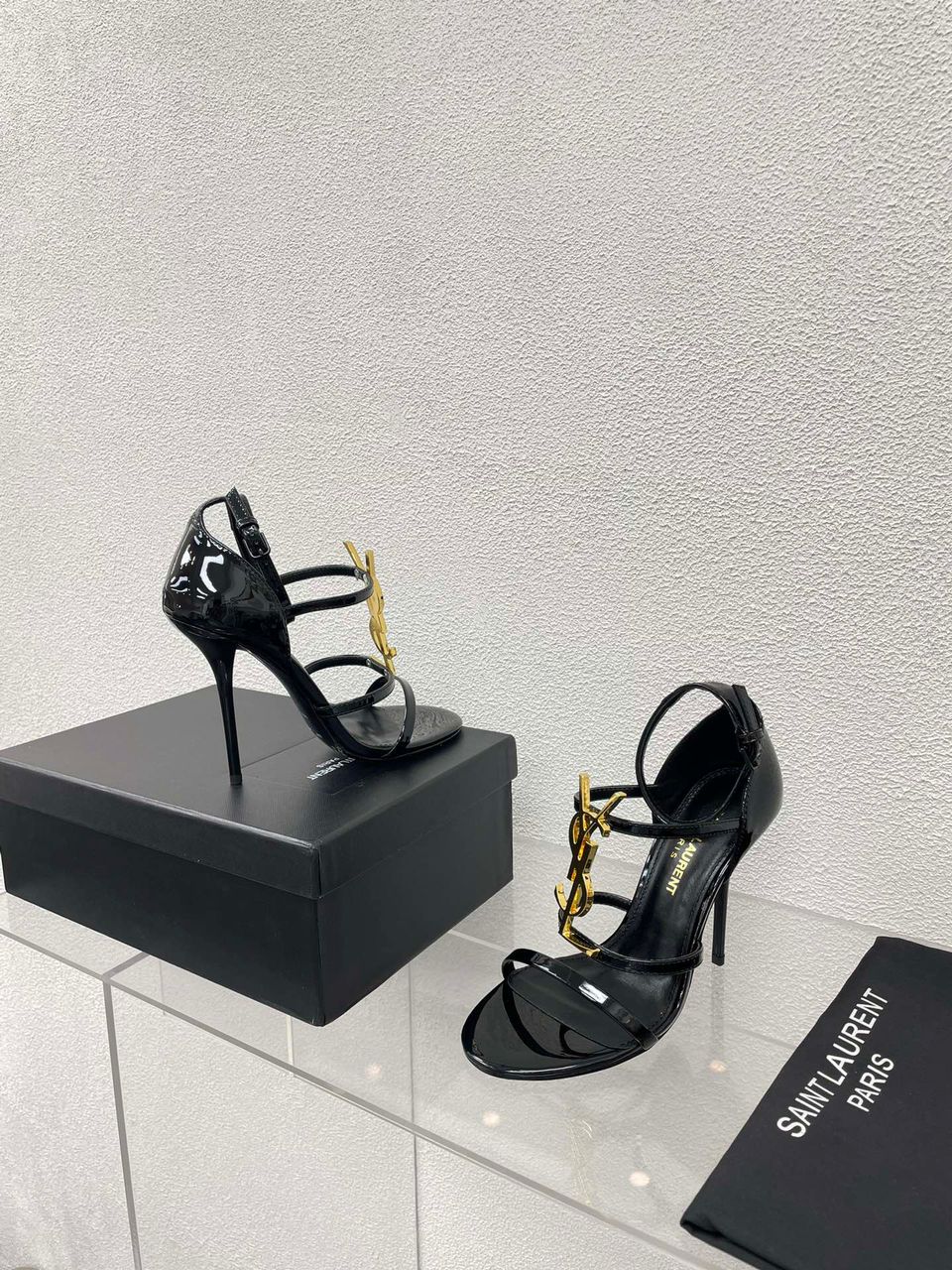 Saint Laurent Cassandra Sandal Heels Gold Patent Leather