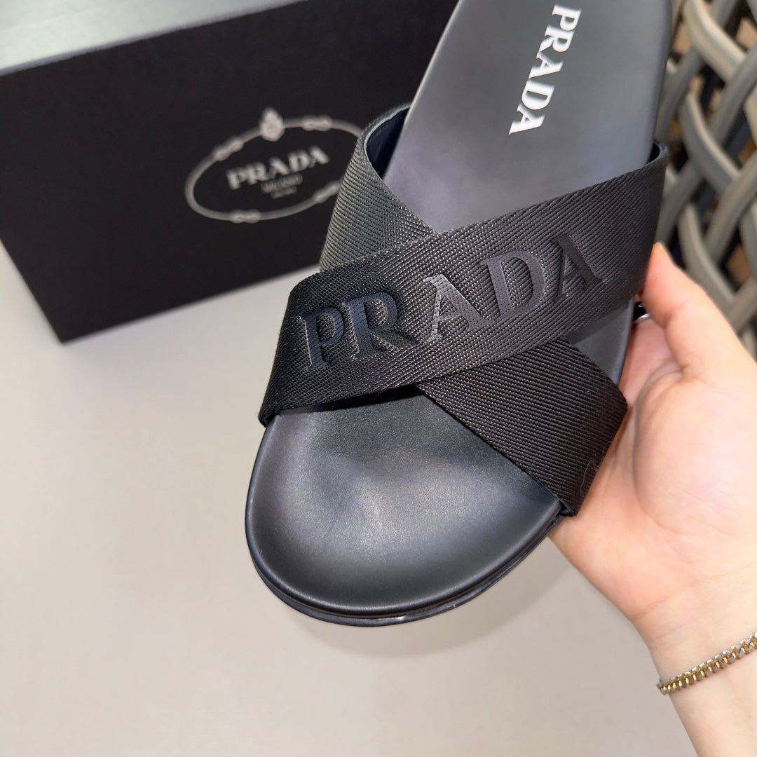 Prada Nylon Tape Crisscross Slides Black Leather