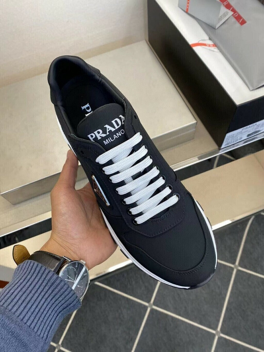 Prada PRAX 01 Sneakers Re-Nylon Brushed Leather Black White