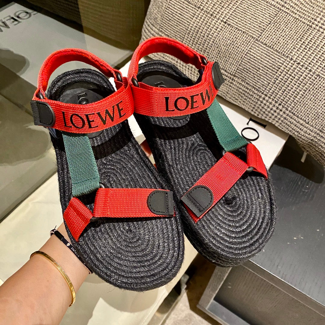 LOEWE Strappy Espadrille Sandals Unisex Nylon In Red/Green