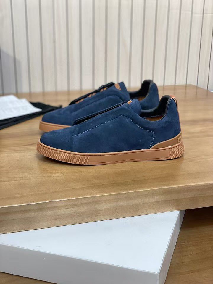 ZEGNA Blue Suede Triple Stitch Sneakers