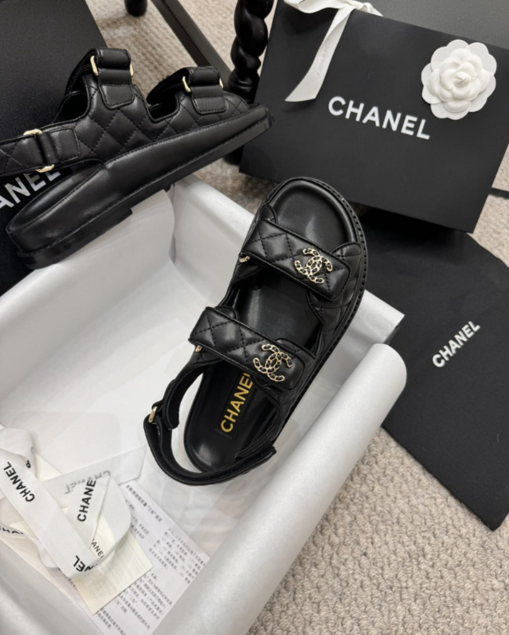 CHANEL Grained Calfskin Velcro Dad Sandals