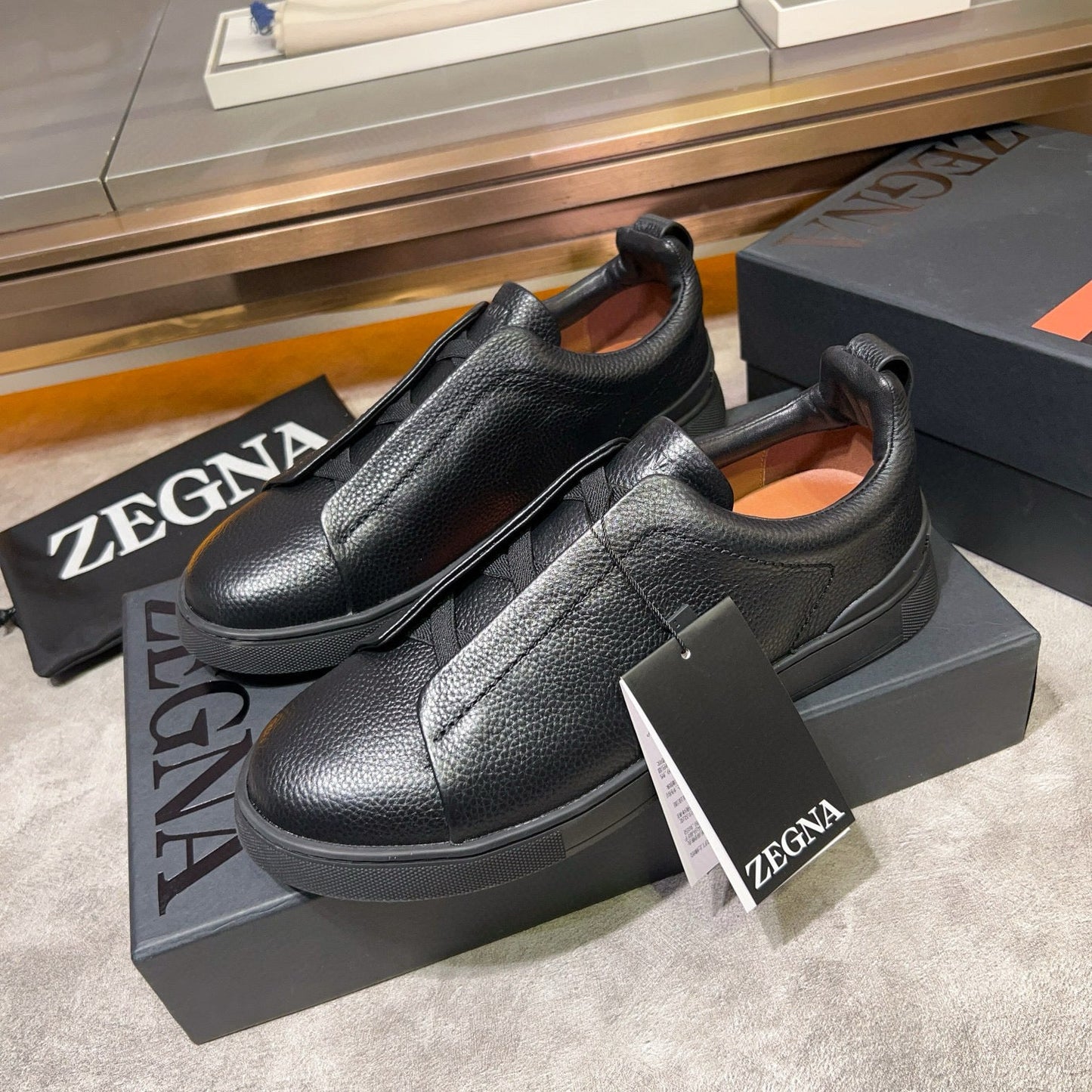 Tênis Zegna Triple Stitch Leather Sneakers All Black