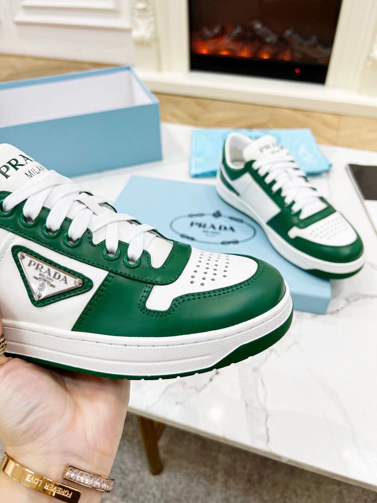 Prada Downtown Low Top Sneakers Leather White Green