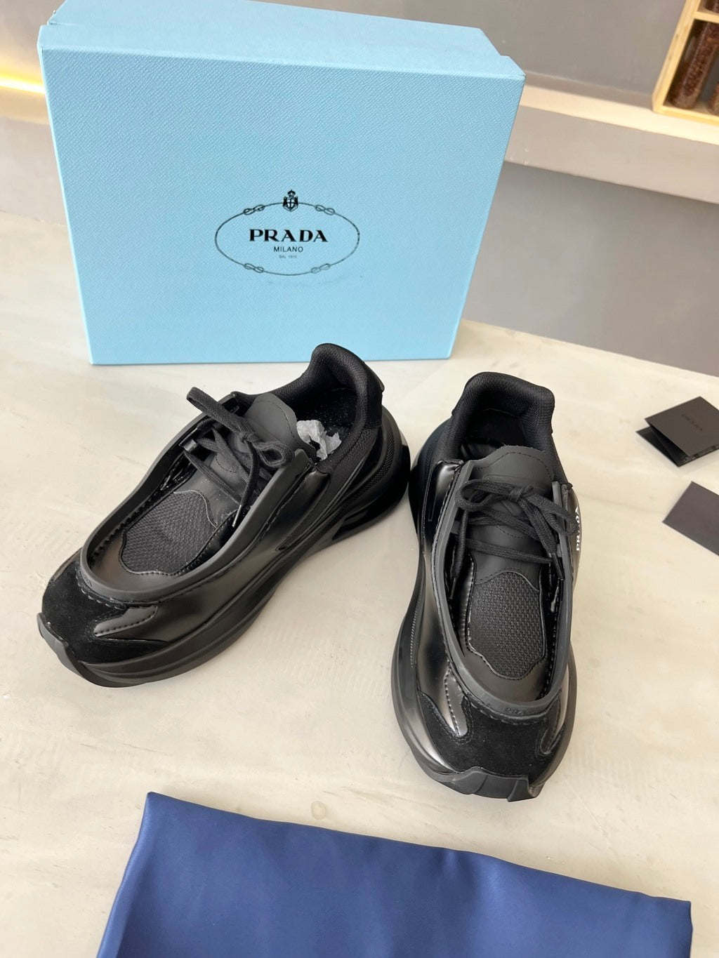 Prada Brushed Leather Sneakers Bike Fabric Suede - Black A1016330